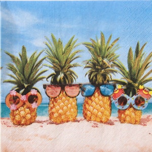 2- of 4-delige papieren servetten om te knutselen, leuke ananas met zonnebril op het strand, ananasservet voor decoupage, zomerservetten