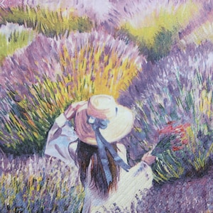 Tovaglioli di carta da 2 o 4 pezzi per decoupage, campo di lavanda viola e ragazza con cappello, decoupage di campo di lavanda, collage di lavanda, Provenza