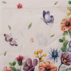 2 ou 4 serviettes en papier pour découpage, papillons, chardons, eucalyptus et fleurs colorées sur fond blanc, papillons et fleurs