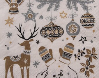 Christmas Paper Napkins: Baubles, Angel, Reindeer Collage (2 or 4 Pcs)