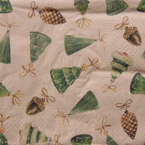 2 ou 4 serviettes en papier pour travaux manuels, arbres de Noël verts et boules de glands sur fond de papier artisanal 100 % recyclé, collage hivernal