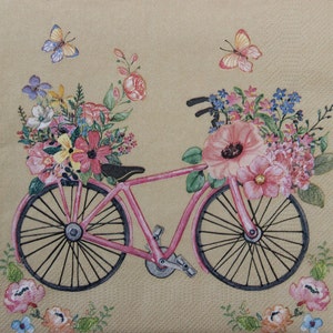 2 o 4 servilletas de papel para manualidades, bicicleta rosa con flores y mariposas sobre fondo beige, servilletas de decoupage de bicicleta, servilletas de bicicleta