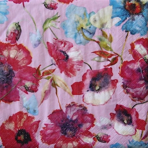 2 oder 4 Stück Papierservietten zum Basteln, Mohnblüten-Mix mit Schmetterlingen auf rosa Hintergrund, Mohnblumen-Servietten, Sommerservietten