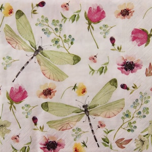 Tovaglioli di carta da 2 o 4 pezzi per decoupage, libellule verdi con capolini su sfondo bianco, tovaglioli per decoupage di insetti, collage di insetti