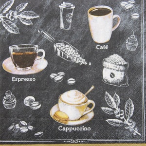 2 ou 4 serviettes en papier pour créations manuelles, tasses à café et collage de grains de café sur fond noir, serviettes expresso, découpage cappuccino