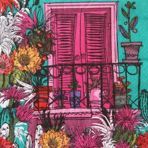 Tovaglioli di carta da 2 o 4 pezzi per lavori artigianali, balcone con porta rosa e piante grasse, motivo di fioritura di cactus su sfondo verde, decoupage per balcone