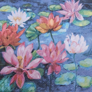 2 ou 4 serviettes en papier pour découpage, motif étang aux nénuphars, serviettes pour découpage nénuphars, aquarelle avec nénuphars
