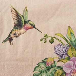2 ou 4 serviettes en papier pour travaux manuels, Colibri et fleurs tropicales sur fond marron artisanal, serviettes de table pour décoration Colibri, 100 % recyclé