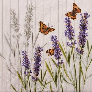2 ou 4 serviettes en papier pour découpage, champ de lavande violet avec papillon sur fond de tableau blanc, collage découpage lavande de Provence