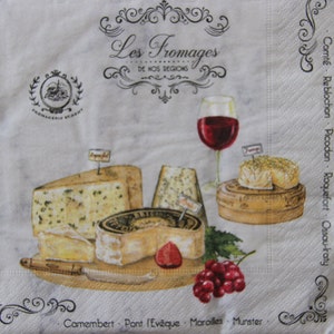 2 o 4 pezzi di tovaglioli per lavori artigianali, collage di vino, formaggio e uva su sfondo grigio marmo, tovaglioli per decoupage Les Fromages, formaggio gourmet