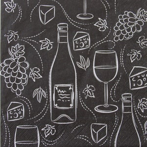 Tovaglioli di carta da 2 o 4 pezzi per artigianato, motivo grafico bianco, formaggio, vino, bicchieri e collage di uva su sfondo nero, decoupage gourmet