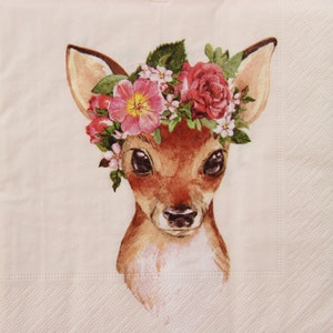 2 oder 4 Stück Papierservietten für Decoupage, Kleines Reh mit Blumenkranz Auf Creme Hintergrund, Deer Decoupage Serviette, Baby Deer Servietten