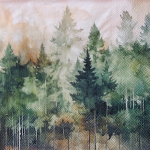 2 o 4 servilletas de papel para manualidades, árboles de hoja perenne con acuarela, bosque mágico, servilletas para decoupage de árboles de hoja perenne, servilletas para decoupage de bosque