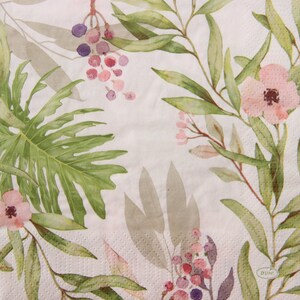 Servilletas de papel de 2 o 4 piezas para manualidades, ramitas de hojas y bayas sin costuras en gris pastel, rosa y verde sobre fondo blanco, servilletas de follaje