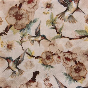 2 o 4 servilletas de papel para manualidades, estilo vintage, colibrí y ramas florecientes sobre fondo beige, servilletas de decoupage con colibrí