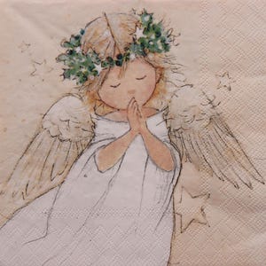 2 o 4 pezzi di tovaglioli di carta per decoupage, angelo in preghiera, ragazza angelo con corona e stelle su sfondo beige, angelo di Natale decoupage
