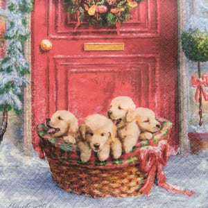 2 oder 4 Stück Servietten für Decoupage, niedliche Golden Retriever Welpen im Korb auf roten Türen Hintergrund, Weihnachtswelpe Decoupage Servietten