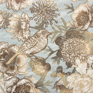2 ou 4 serviettes en papier pour découpage, motif fleurs sans couture avec oiseaux sur fond bleu sarcelle, fleurs vintage et serviettes pour découpage oiseau