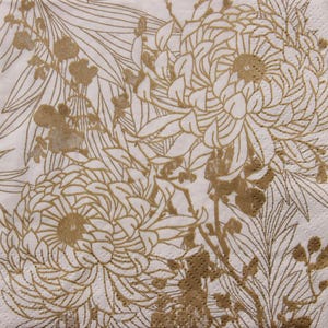 2 oder 4 Stück Papierservietten für Decoupage, grafische goldene Blüten auf weißem Hintergrund, nahtlose Blumen-Servietten, goldene Blumen-Découpage-Papier