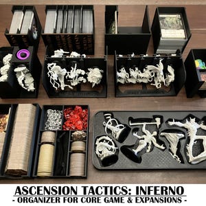 May include: Black game organizer with multiple compartments holding cards, miniatures, and tokens. The organizer includes the text "ASCENSION TACTICS: INFERNO - ORGANIZER FOR CORE GAME & EXPANSIONS". The miniatures are white and the tokens are gold and red.