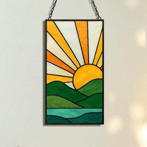 Stained Glass Sunrise Suncatcher Panel | Boho Sun Rays, Mountains & Ocean | Window Hanging