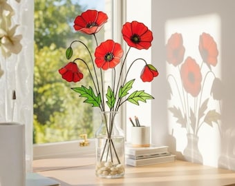 Stained Glass Poppy Flower Stem – Handcrafted Floral Art, Spring Home Decor, Gift for Her