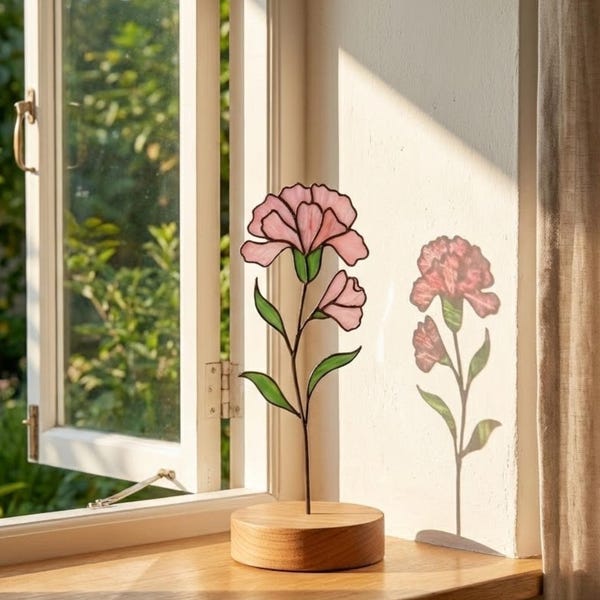 Stained Glass Pink Carnation Flower with Wood Stand | January Birth Month Gift for Mom | Personalized 1st Anniversary Gift | Glass Art