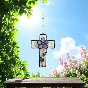 Stained Glass Cross Suncatcher: Handmade Christian Decor with Purple Flower