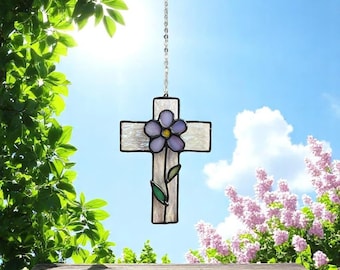Stained Glass Cross Suncatcher–Handmade Christian Decor with Purple Flower,Easter Gift,Baptism Ornament,Memorial Keepsake,Religious Home Art
