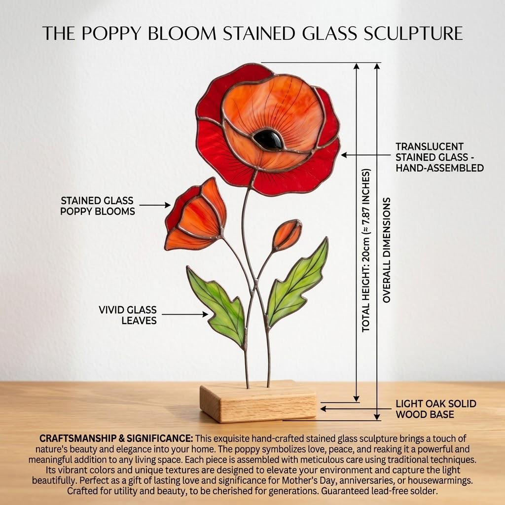 Stained Glass Poppy Flower on Oak Base, California Poppy Decor ...