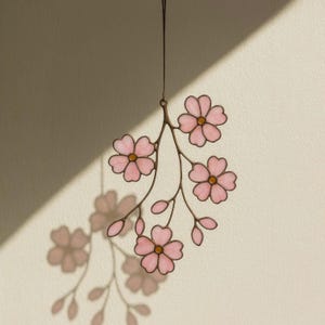 Cherry Blossom Stained Glass Suncatcher – Pink Floral Window Hanging, Handmade Real Glass Spring Decor, Romantic Japandi Wall Art