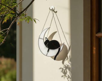 Stained Glass Cat on the Moon Suncatcher – Crescent Moon Cat Ornament, Handmade Window Hanging, Cat Lover Gift, Memorial Optional Home Decor