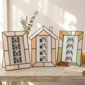Può includere: Tre cornici decorative con bordi in stile vetrata. Una cornice è a forma di casa, le altre sono rettangolari. Ogni cornice contiene una serie di foto in bianco e nero di animali domestici: cani, gatti e conigli. Le cornici sono su una superficie di legno.