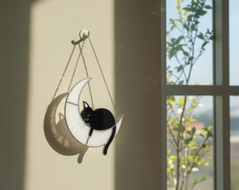 Cat on the Moon Stained Glass Suncatcher – Crescent Moon Cat Ornament, Handmade Window Hanging, Cat Lover Gift, Custom Cat Decor