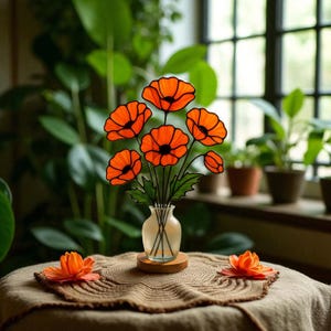 Stained Glass Poppy Flower Bouquet – Handmade Real Glass Arrangement in Vase – Table or Window Decor – Gift for Nature Lover