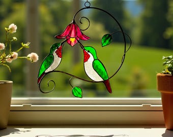 Stained Glass Hummingbird Suncatcher on Flower, Custom Bird Window Hanging, Handmade Gift for Mom & Grandma, Nature Lover Decor