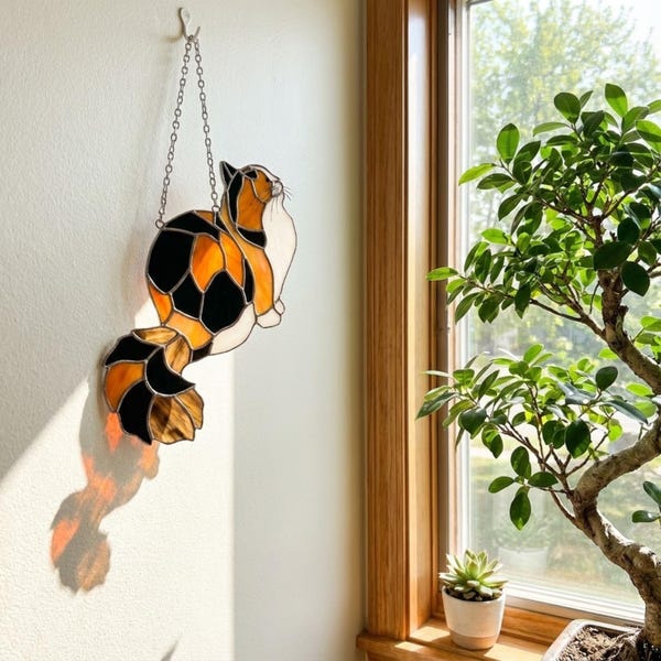 Stained Glass Calico Cat Suncatcher with Wood Stand | Tricolor Tortoiseshell Pet Memorial Gift | Cat Mom Window Decor | Desk Ornament