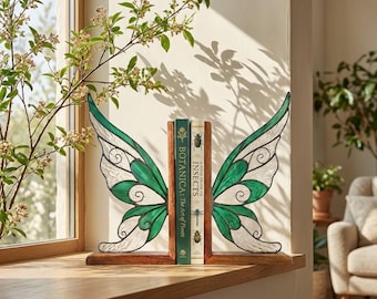 Stained Glass Fairy Wing Bookends | Solid Oak, Dark Academia Decor