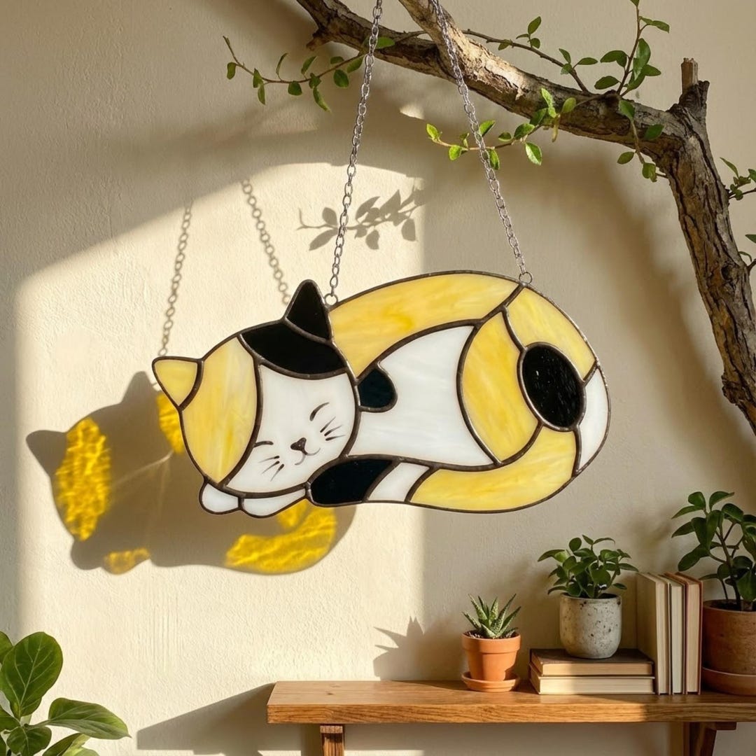Stained Glass Sleeping Cat Suncatcher With Wood Stand | Orange Tabby ...