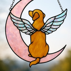 Angel Dog Stained Glass Suncatcher – Dog Memorial Window Hanging – Handmade Pet Loss Gift – Dog with Wings on Pink Crescent Moon Decor