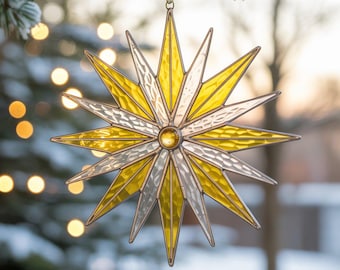 Stained Glass Snowflake Suncatcher | Christmas Window Hanging | Glass Star Ornament | Christmas Suncatcher | Best Gift for Her