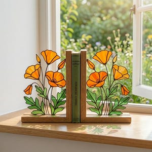 California Poppy Stained Glass Bookends, Solid Oak Base  August Birth Flower Gift  Handmade Suncatcher, Unique Floral Decor for Book Lovers