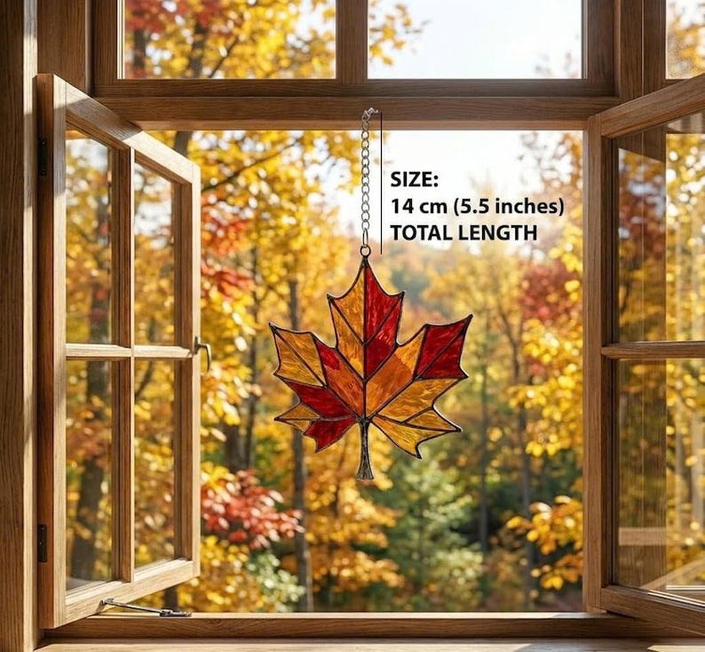 Stained Glass Maple Leaf Suncatcher, Fall Window Hanging, Autumn Home Decor, Thanksgiving Gift for Mom, Red Leaf Ornament image 5