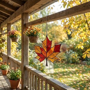 Stained Glass Maple Leaf Suncatcher, Fall Window Hanging, Autumn Home Decor, Thanksgiving Gift for Mom, Red Leaf Ornament image 2