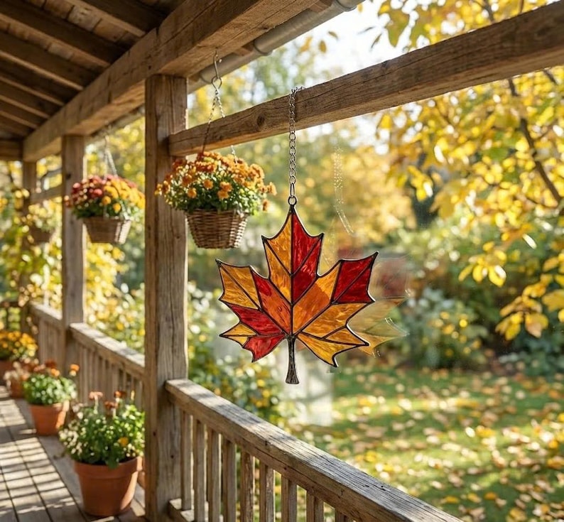 Stained Glass Maple Leaf Suncatcher, Fall Window Hanging, Autumn Home Decor, Thanksgiving Gift for Mom, Red Leaf Ornament image 2