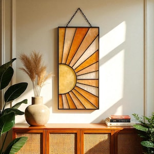 Boho Stained Glass Wall Hanging – Colorful Geometric Retro Suncatcher Decor – Handmade Modern Home Gift Idea