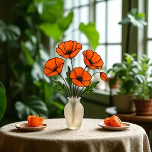Stained Glass Orange Poppy Bouquet – Handmade Floral Arrangement in Frosted Vase – Table or Window Decor – Gift for Garden Lover