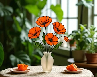 Glasmalerei-Orangenmohnstrauß: Handgefertigtes Blumenarrangement in gefrosteter Vase