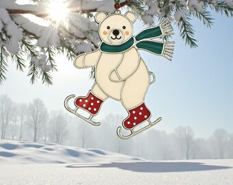 Stained Glass Christmas Ornament Bear–Handmade Polar Bear Winter Suncatcher, Holiday Window Decor, Unique Xmas Gift for Friend, Her, or Home