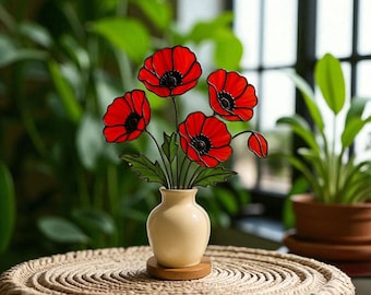Glasmalerei-Roter Mohnblumenstrauß: Handgemachtes Blumenarrangement